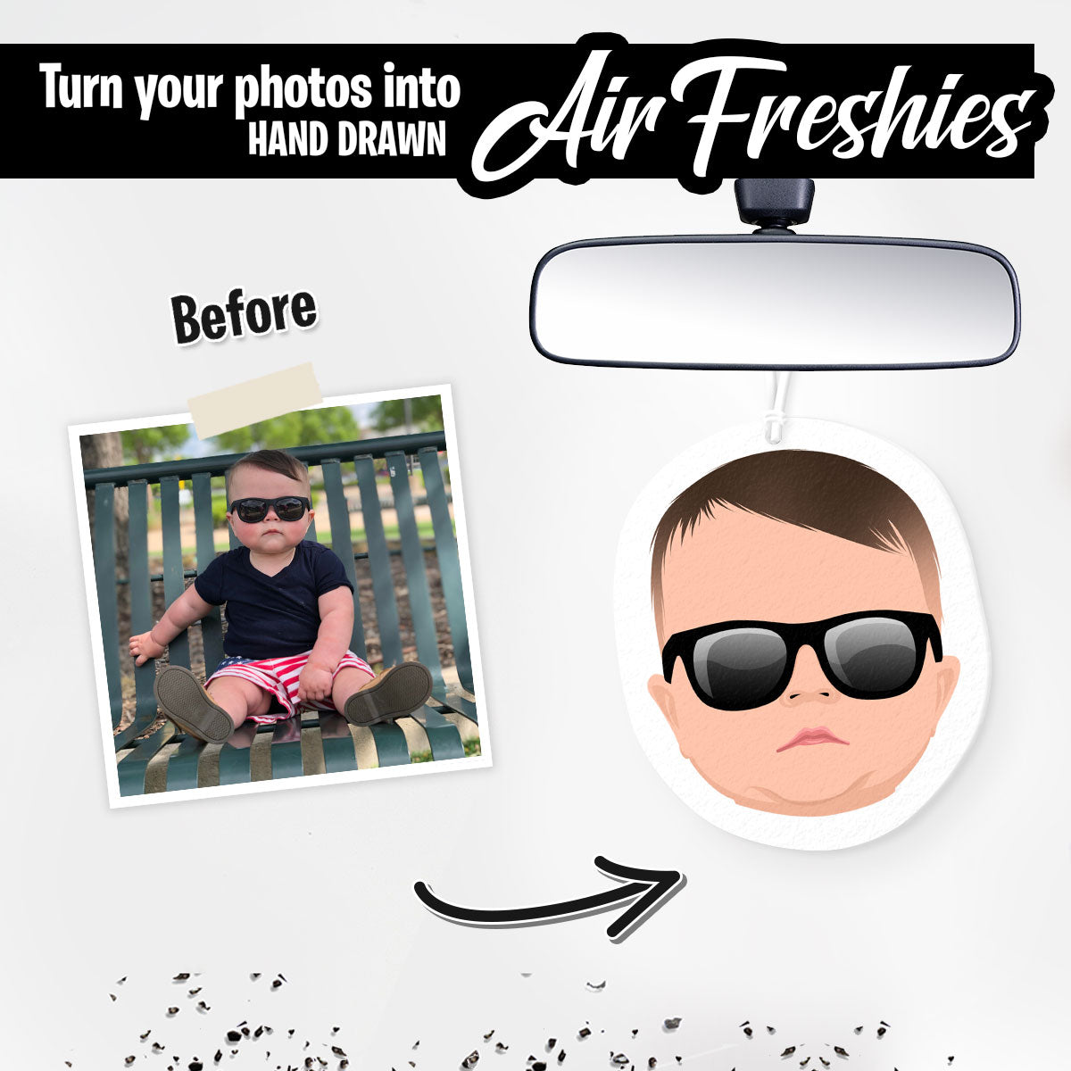 Custom Baby Face Air Freshener Hand Drawn from Photo, Personalized Hanging Baby Face Portrait Car Air Freshener Picture