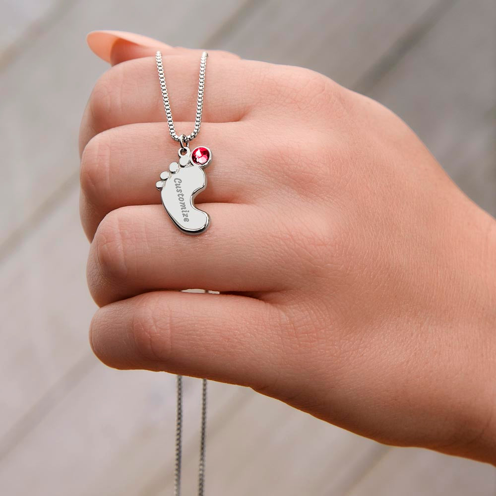 To Mom Engraved Baby Foot Birthstone Necklace - Choose How Many Feet Charms up to 4