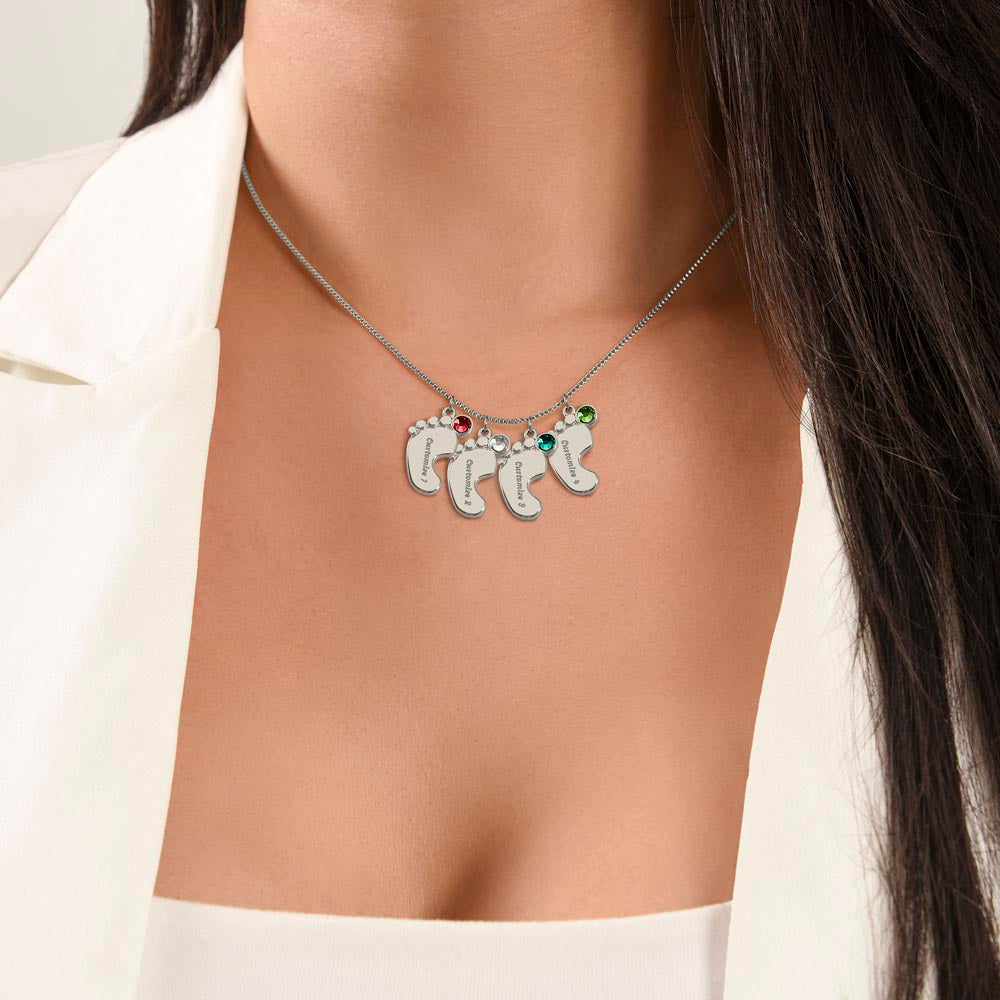 To Mom Engraved Baby Foot Birthstone Necklace - Choose How Many Feet Charms up to 4