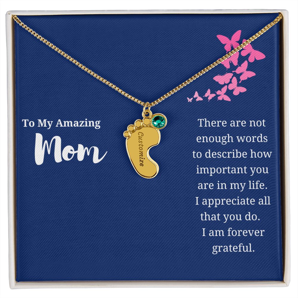 To Mom Engraved Baby Foot Birthstone Necklace - Choose How Many Feet Charms up to 4