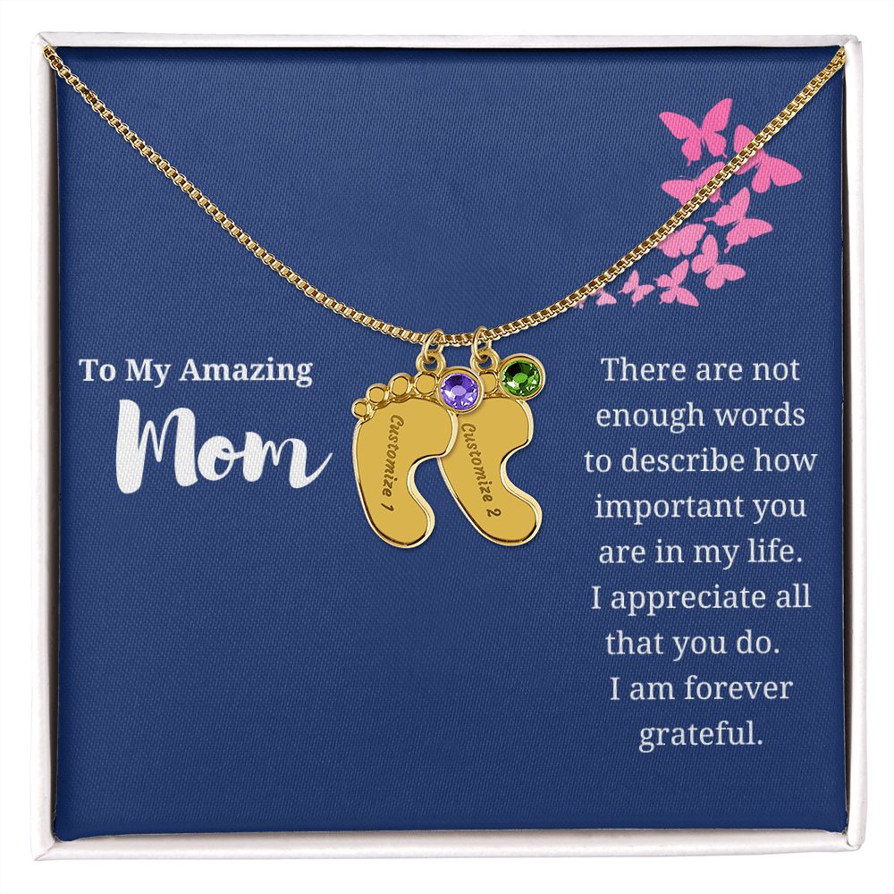 To Mom Engraved Baby Foot Birthstone Necklace - Choose How Many Feet Charms up to 4