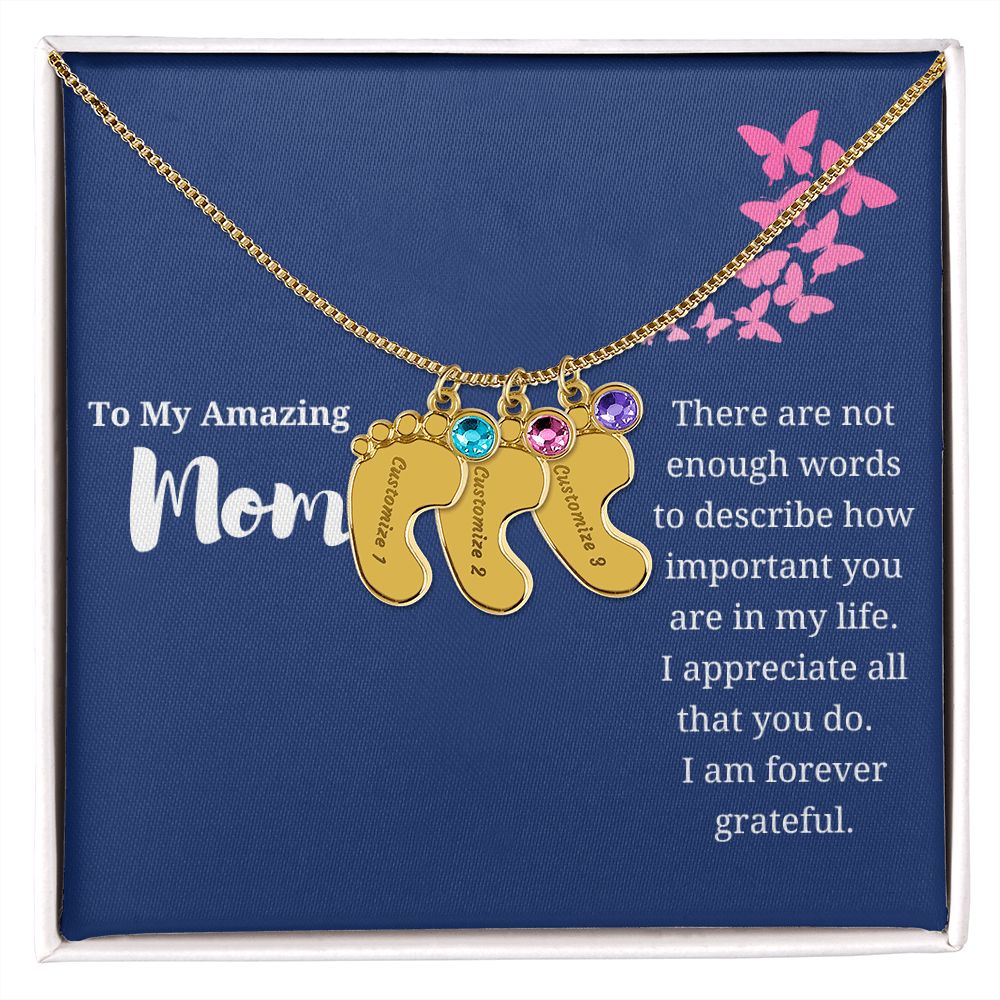 To Mom Engraved Baby Foot Birthstone Necklace - Choose How Many Feet Charms up to 4