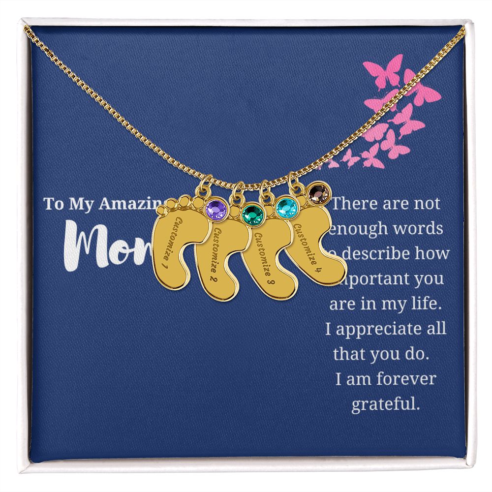 To Mom Engraved Baby Foot Birthstone Necklace - Choose How Many Feet Charms up to 4