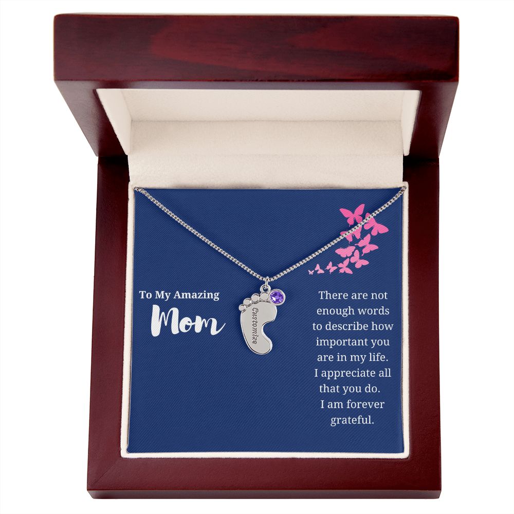 To Mom Engraved Baby Foot Birthstone Necklace - Choose How Many Feet Charms up to 4
