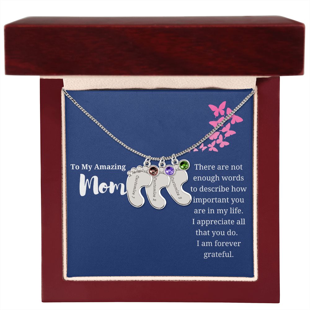 To Mom Engraved Baby Foot Birthstone Necklace - Choose How Many Feet Charms up to 4