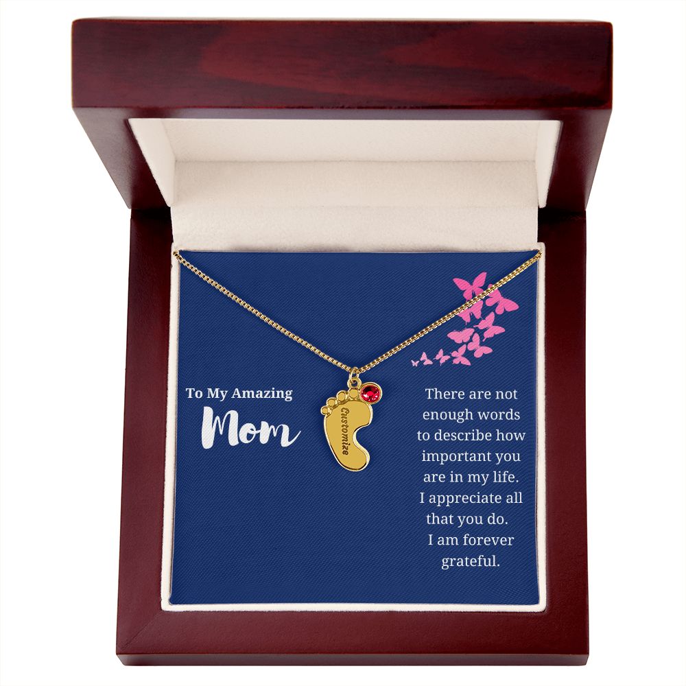 To Mom Engraved Baby Foot Birthstone Necklace - Choose How Many Feet Charms up to 4