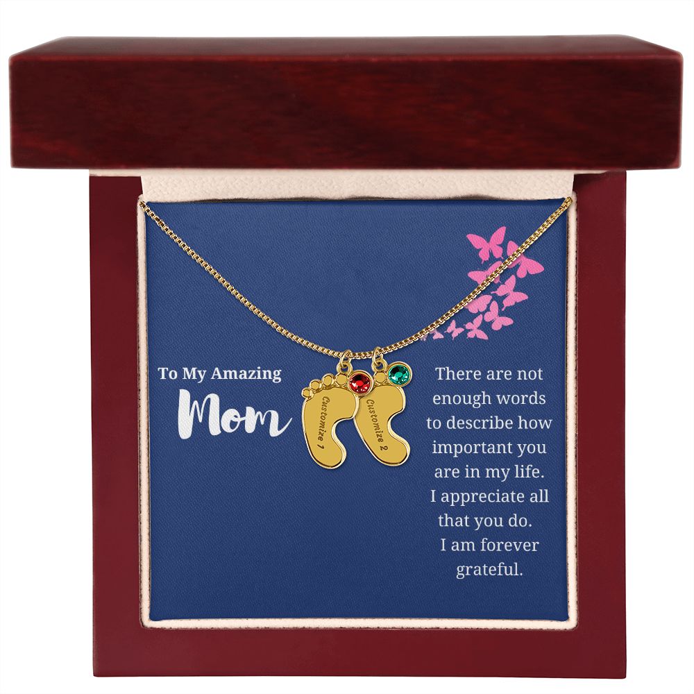 To Mom Engraved Baby Foot Birthstone Necklace - Choose How Many Feet Charms up to 4