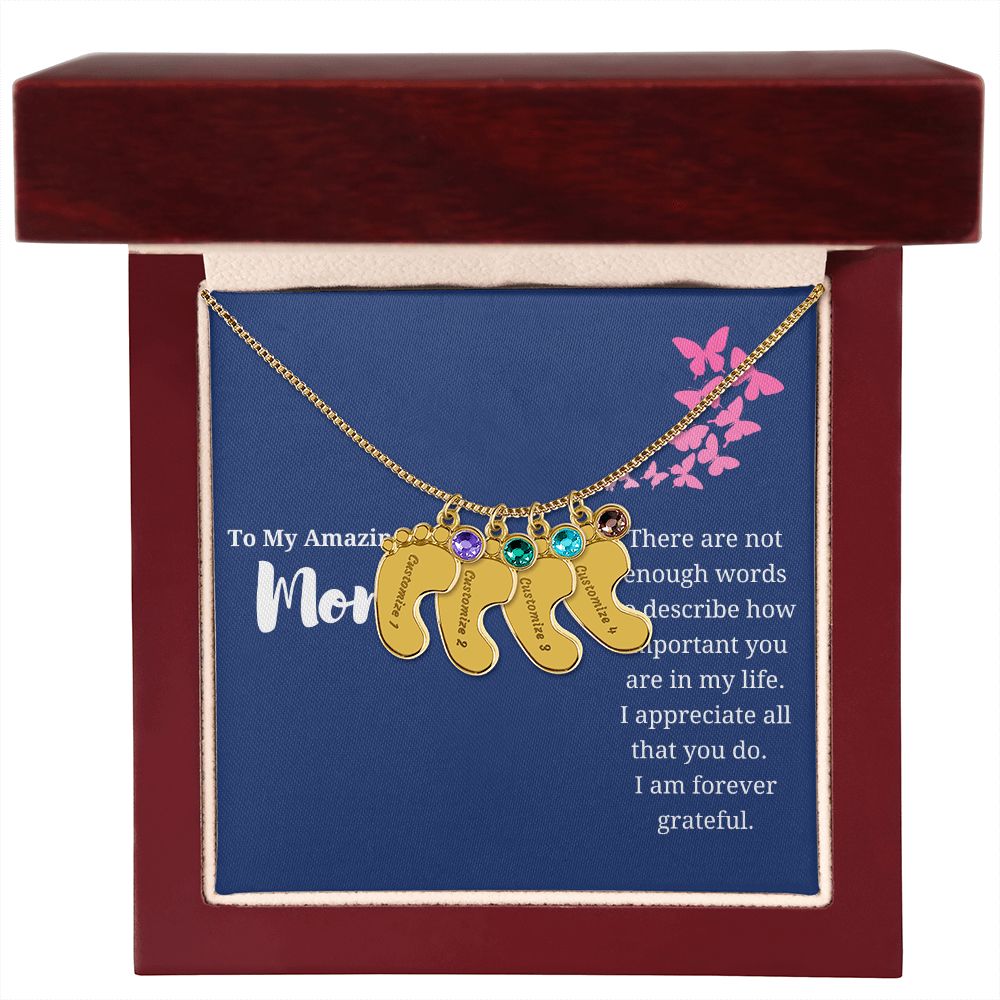To Mom Engraved Baby Foot Birthstone Necklace - Choose How Many Feet Charms up to 4