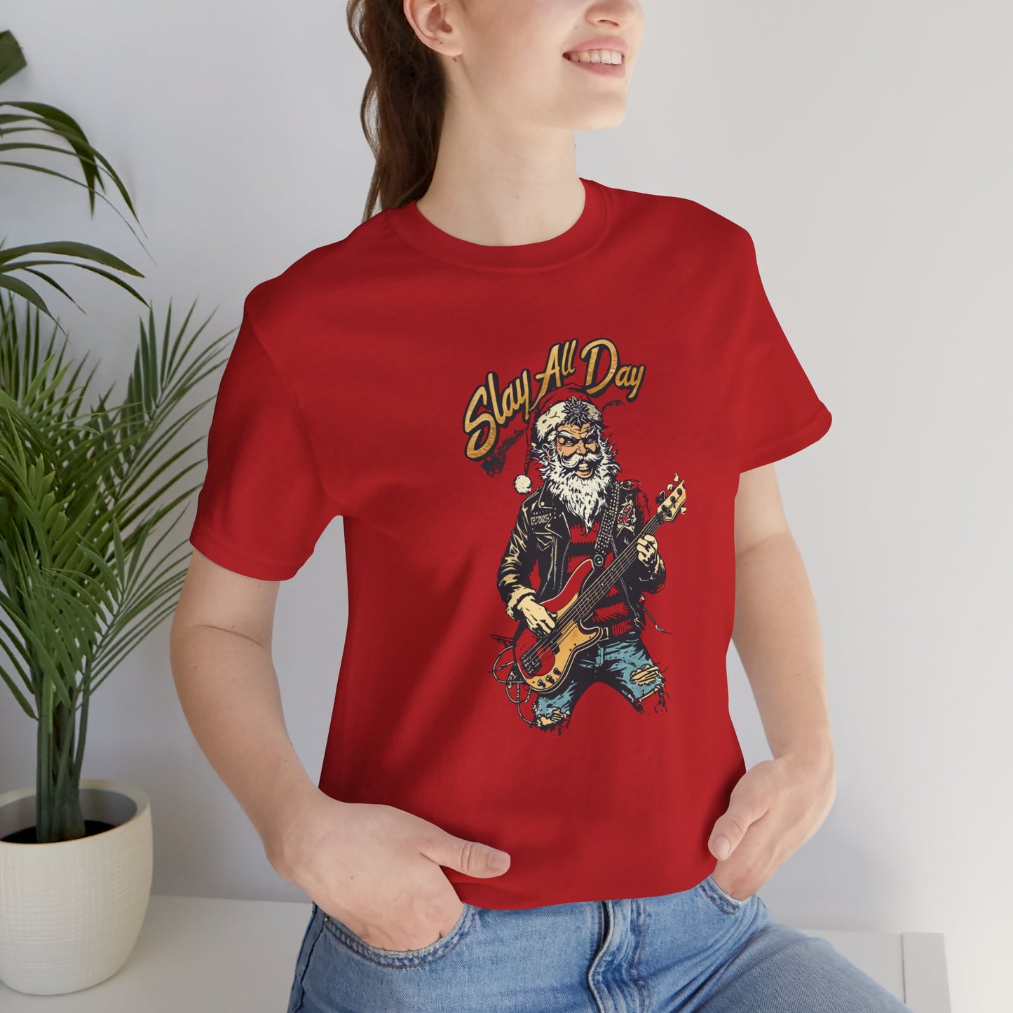 Santa Guitar Playing Metal Slay All Day Funny Christmas T-Shirt
