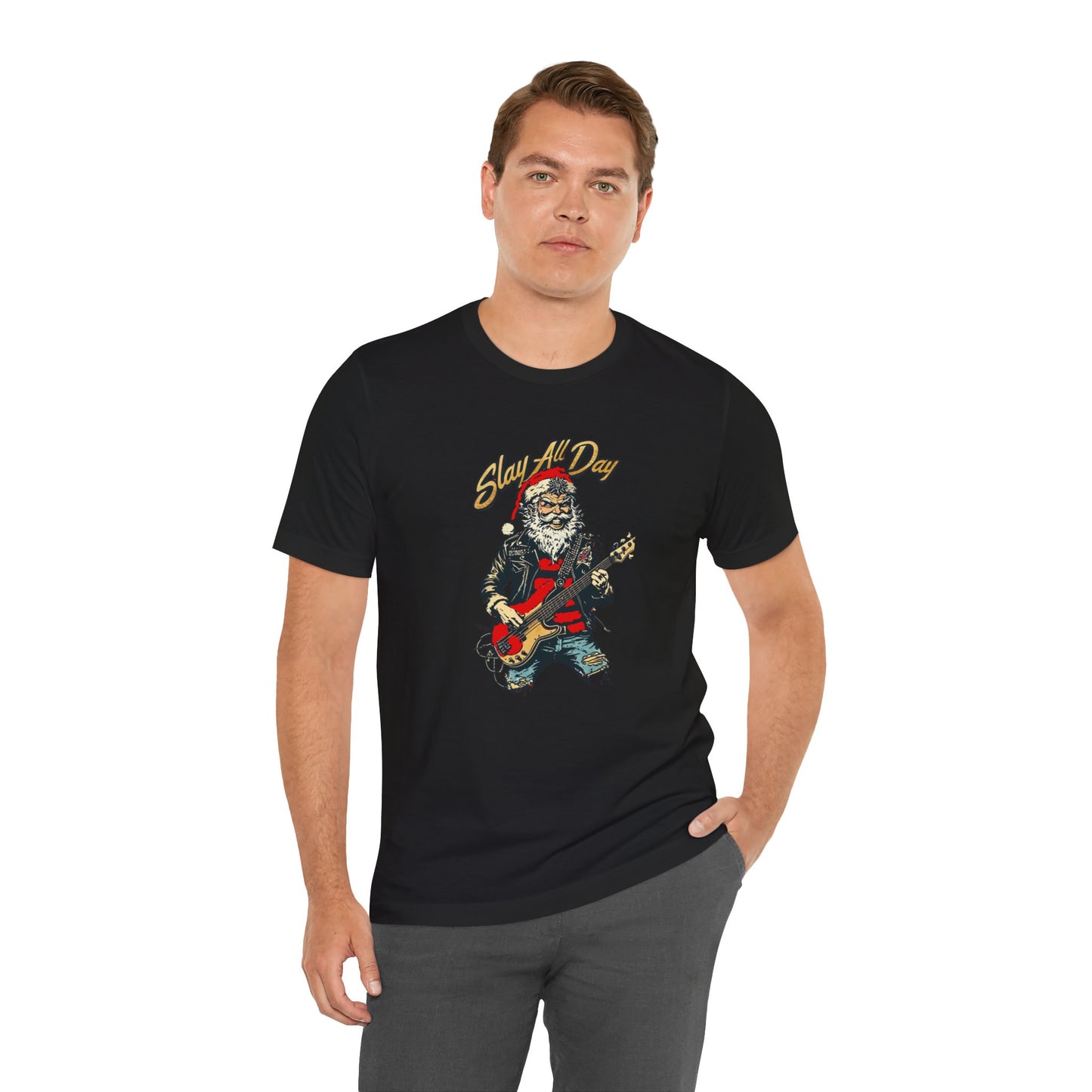 Santa Guitar Playing Metal Slay All Day Funny Christmas T-Shirt