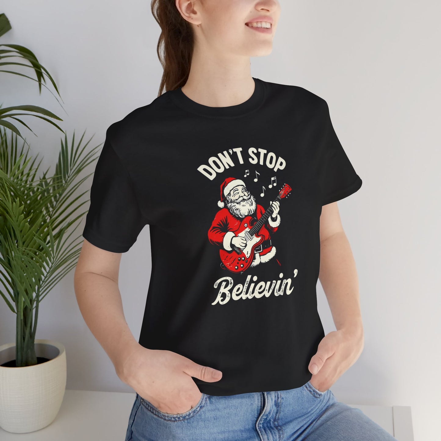 Santa Guitar Playing Don't Stop Believin' Funny Christmas T-Shirt
