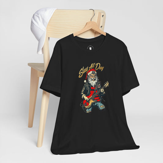 Santa Guitar Playing Metal Slay All Day Funny Christmas T-Shirt