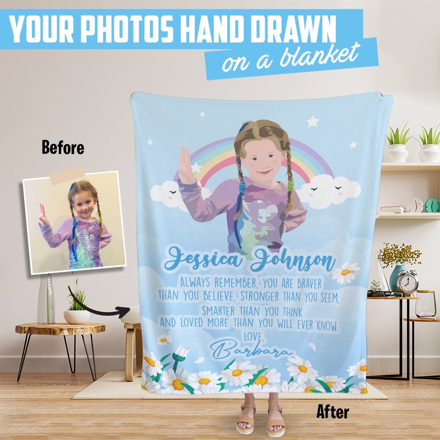 Custom Blanket To My Granddaughter Personalized Hand Drawn Throw from photo for Valentine's Day
