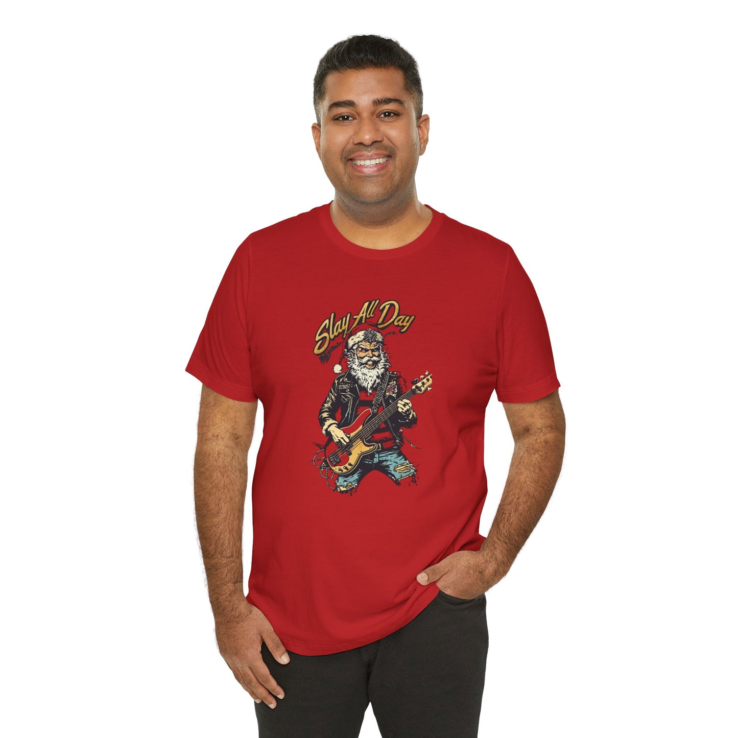 Santa Guitar Playing Metal Slay All Day Funny Christmas T-Shirt
