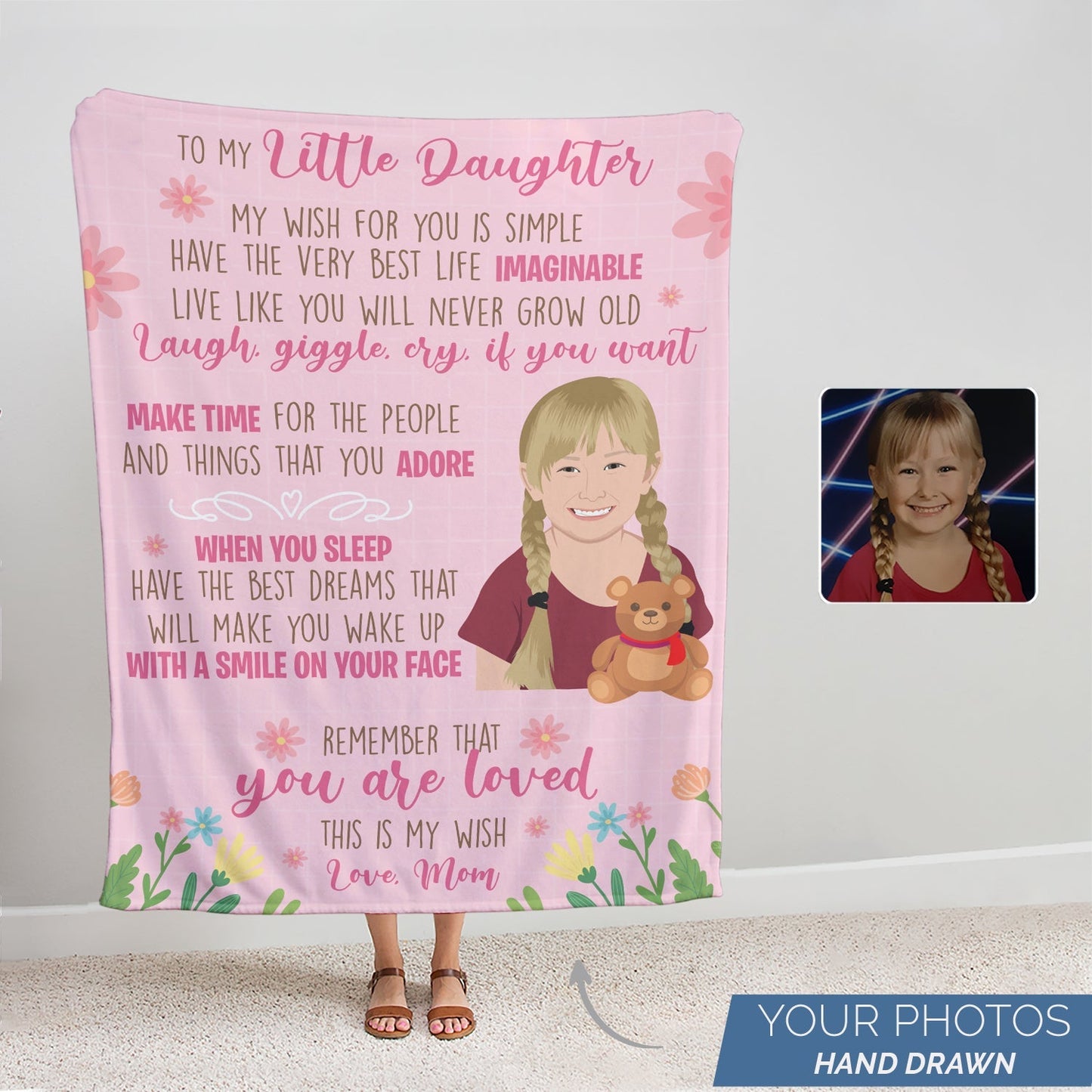 Custom Blanket for Daughter from Mom, Personalized Hand Drawn Throw from photo for Valentine's Day