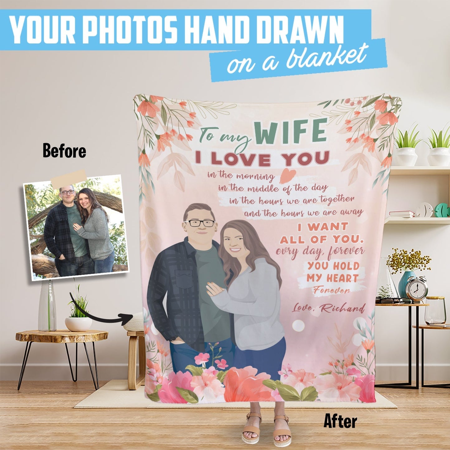 Custom Blanket To My Wife Personalized Hand Drawn Throw from photo for Valentine's Day