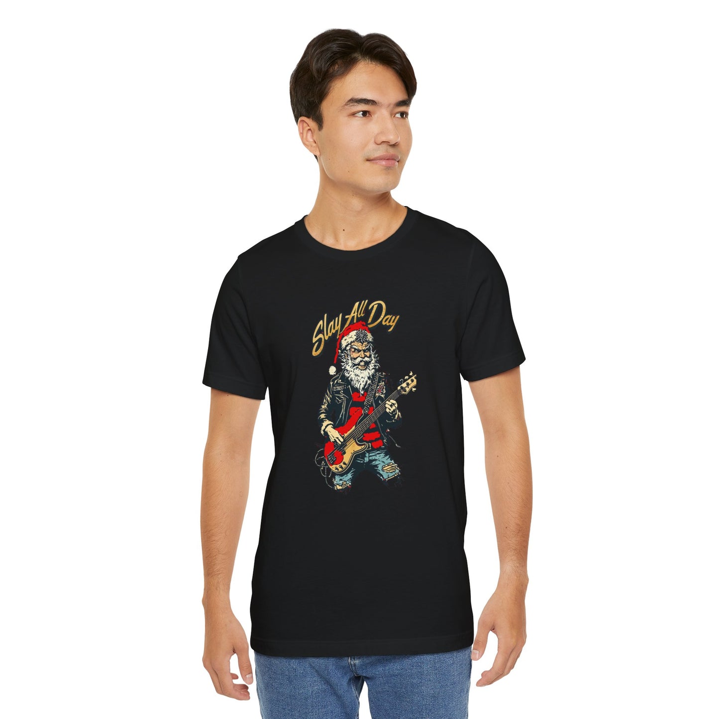 Santa Guitar Playing Metal Slay All Day Funny Christmas T-Shirt