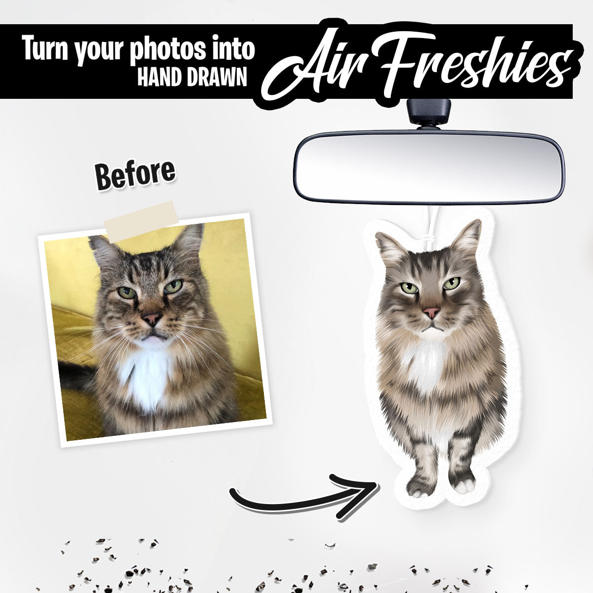 Custom Cat Air Freshener Hand Drawn from Photo, Personalized Hanging Cat Portrait Car Air Freshener Picture
