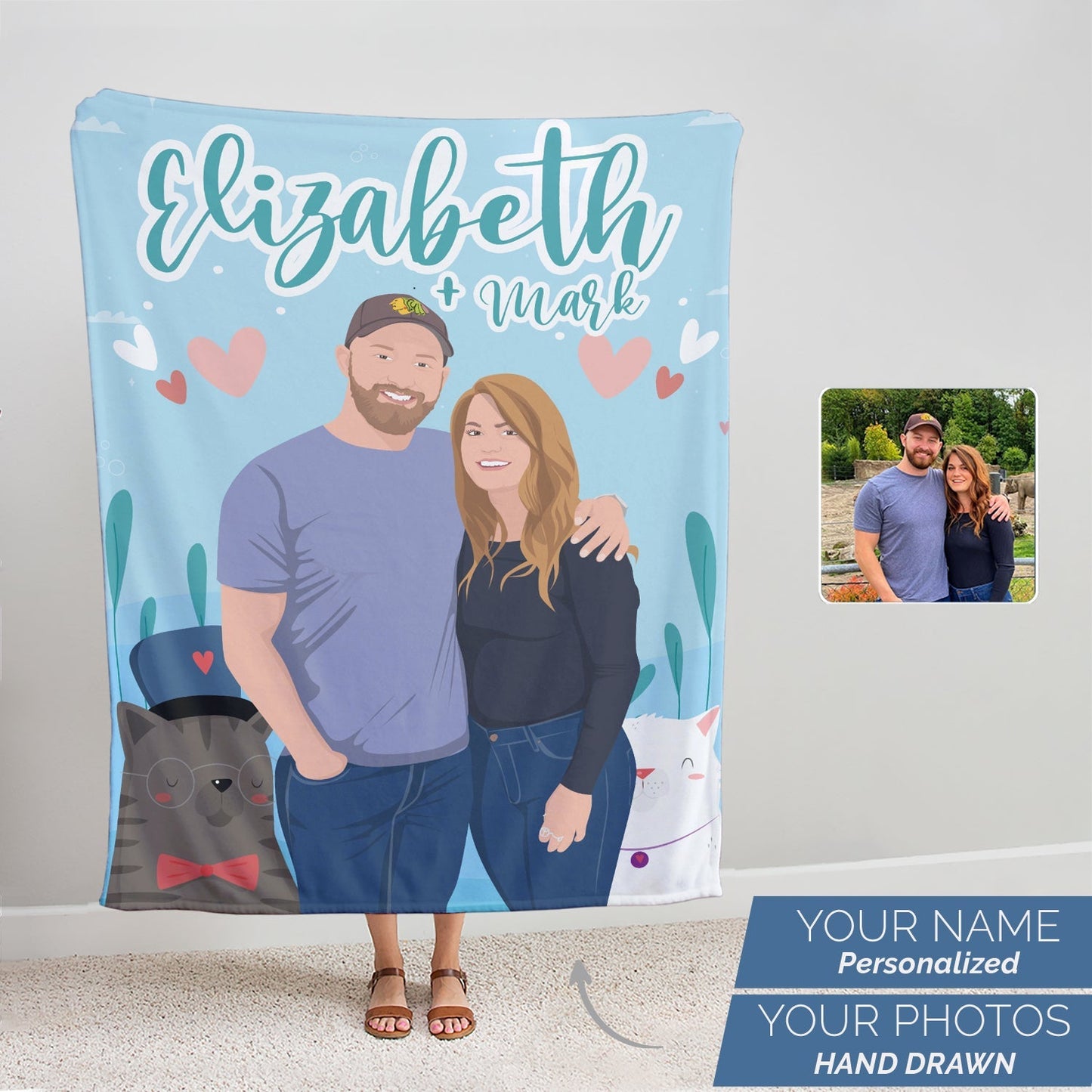 Custom Blanket for Girlfriend Personalized Names Hand Drawn from photo for Valentine's Day