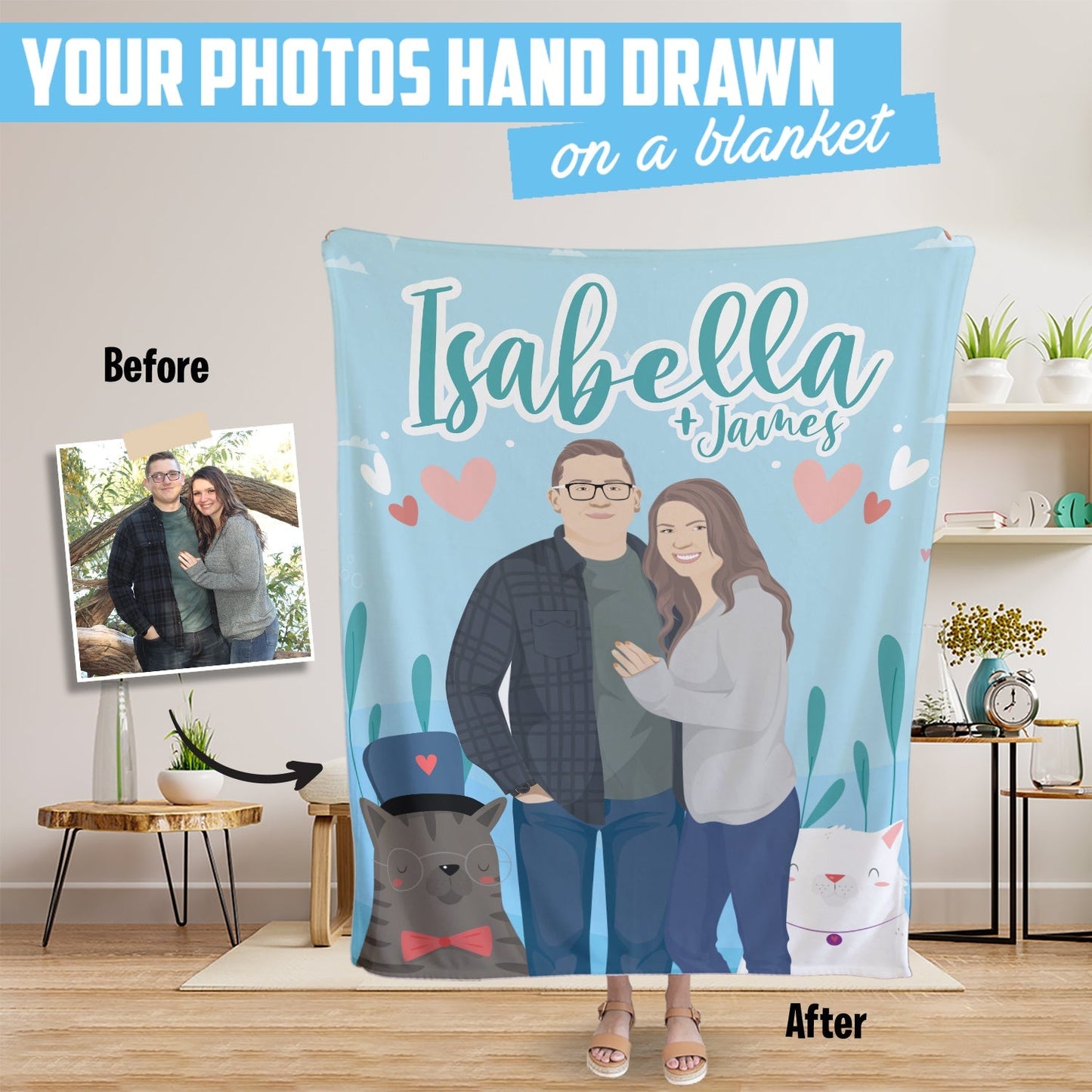 Custom Blanket for Girlfriend Personalized Names Hand Drawn from photo for Valentine's Day