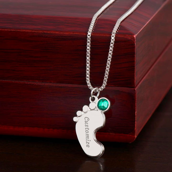 Engraved Baby Feet with Birthstones Necklace - First Mother's Day