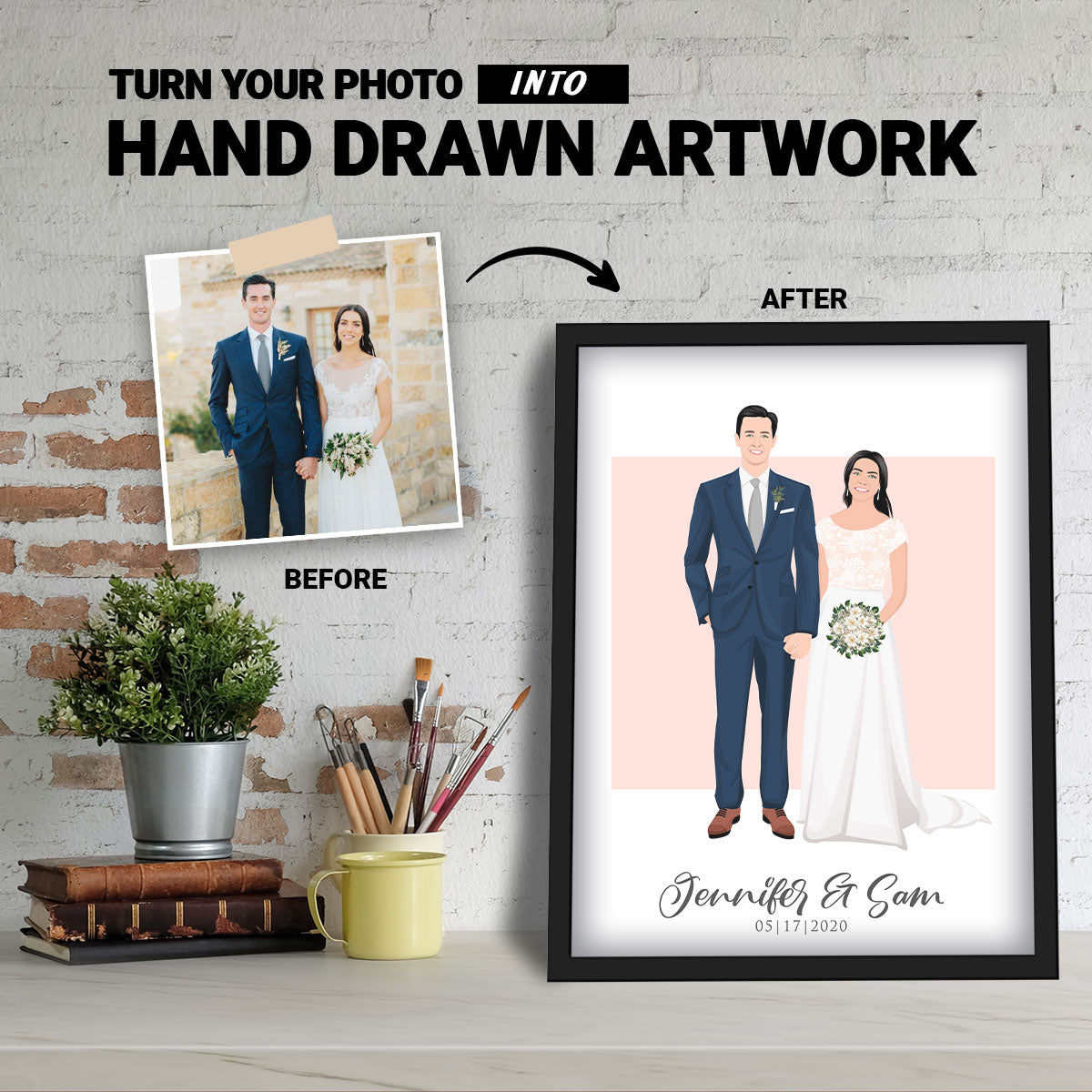 Personalized Wedding Couple Illustration Portrait