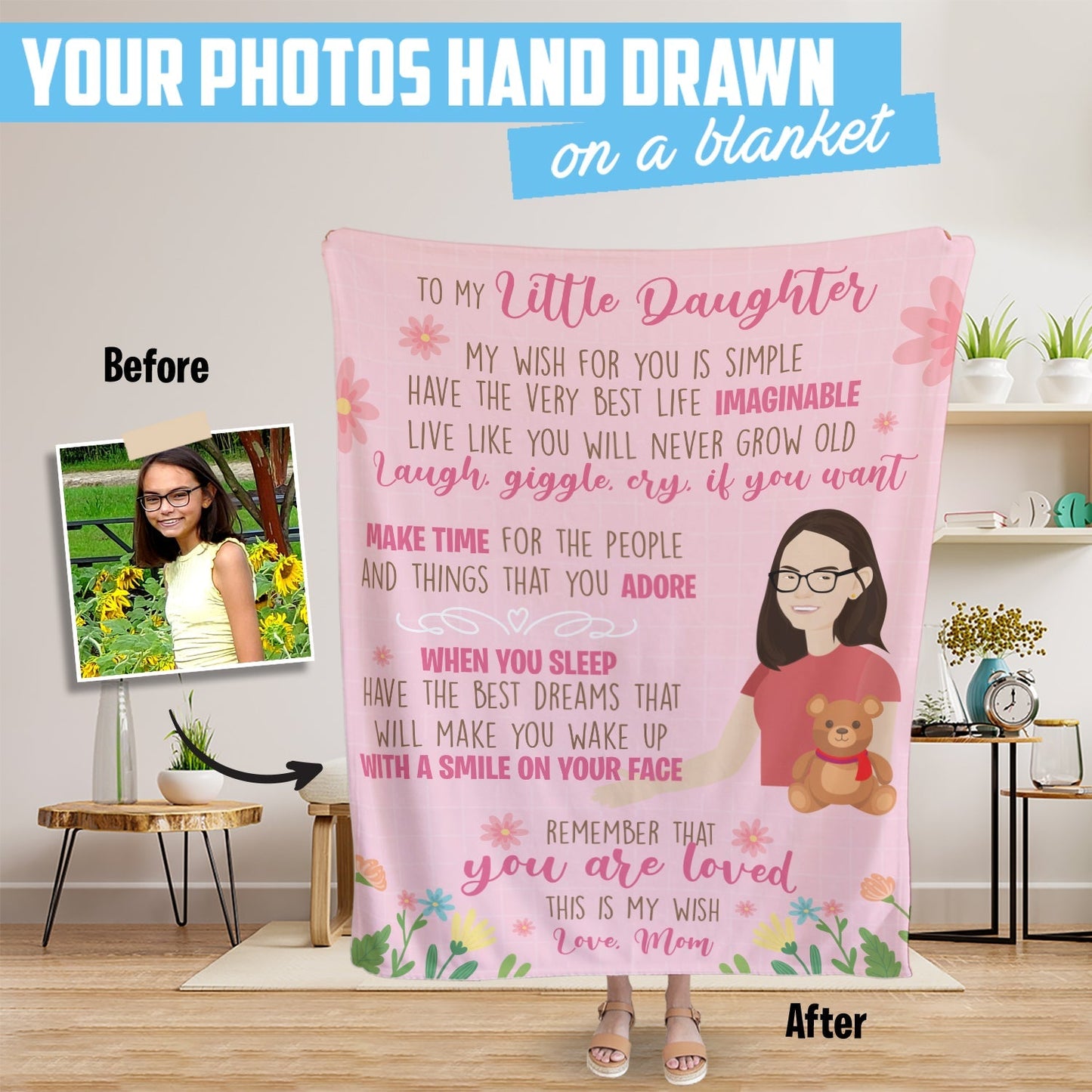 Custom Blanket for Daughter from Mom, Personalized Hand Drawn Throw from photo for Valentine's Day