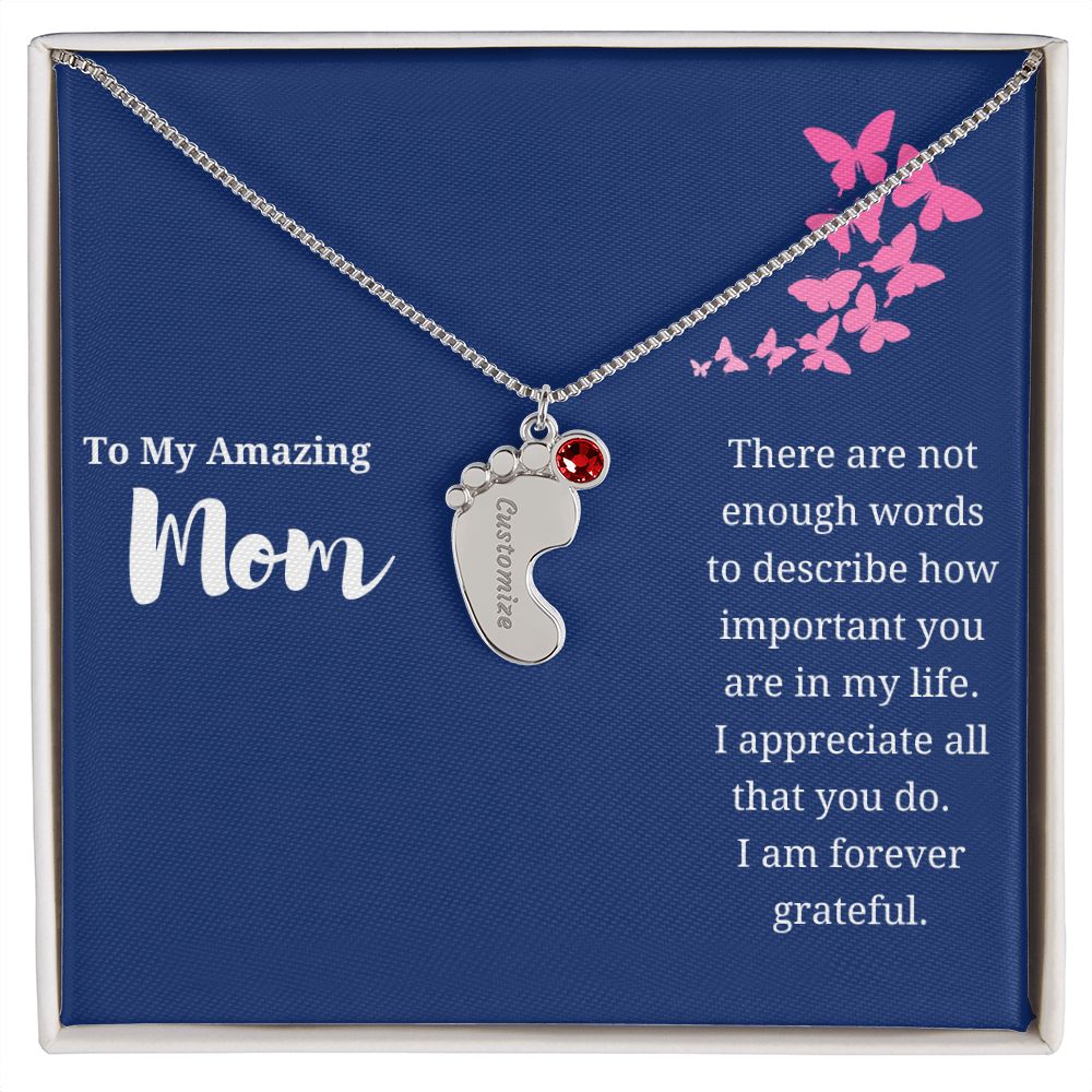 To Mom Engraved Baby Foot Birthstone Necklace - Choose How Many Feet Charms up to 4