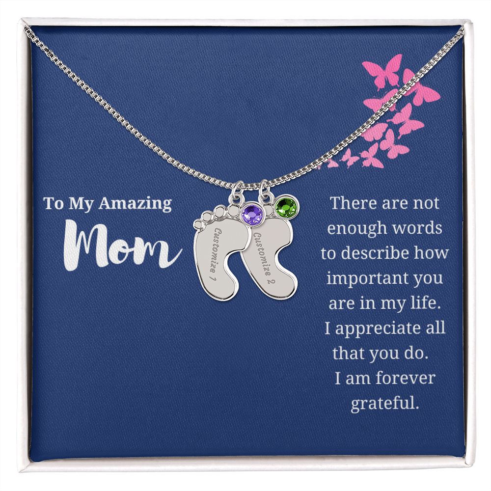 To Mom Engraved Baby Foot Birthstone Necklace - Choose How Many Feet Charms up to 4