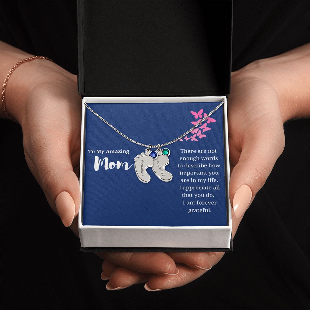 To Mom Engraved Baby Foot Birthstone Necklace - Choose How Many Feet Charms up to 4