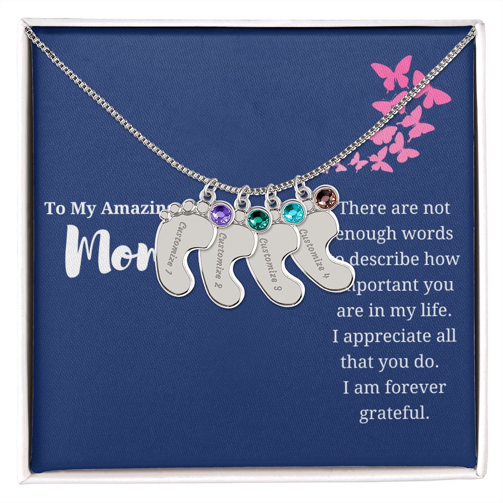 To Mom Engraved Baby Foot Birthstone Necklace - Choose How Many Feet Charms up to 4