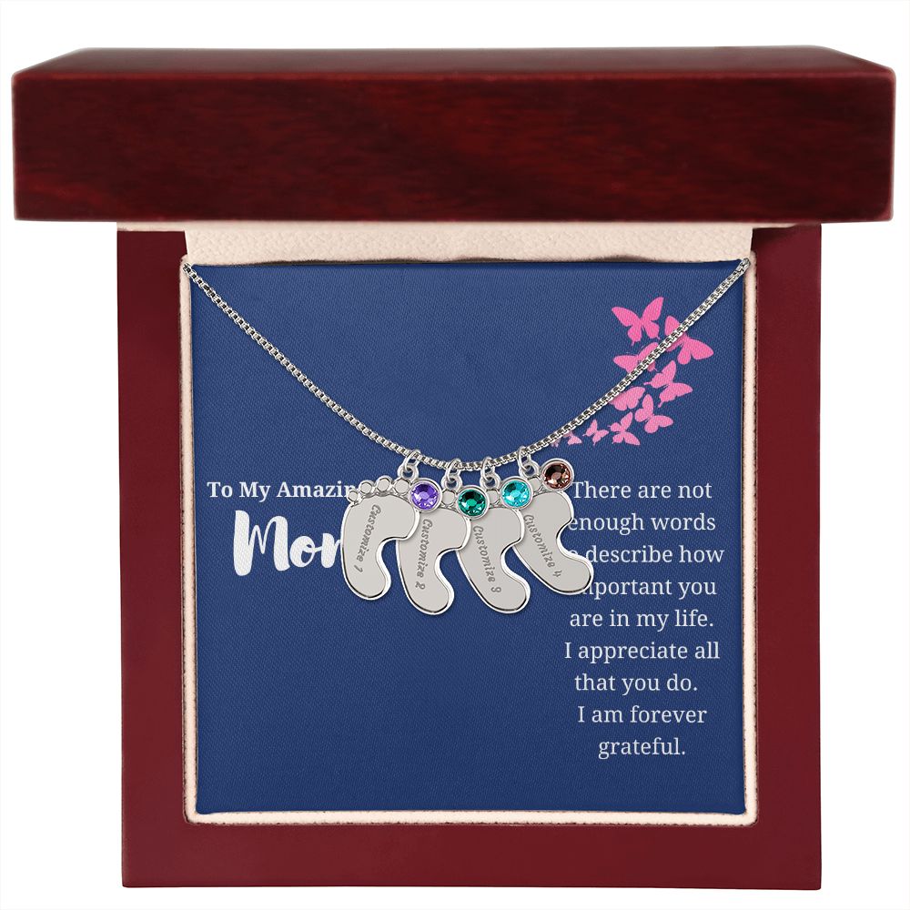 To Mom Engraved Baby Foot Birthstone Necklace - Choose How Many Feet Charms up to 4