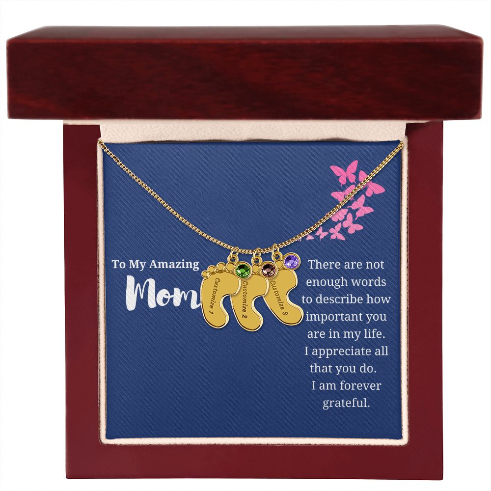 To Mom Engraved Baby Foot Birthstone Necklace - Choose How Many Feet Charms up to 4
